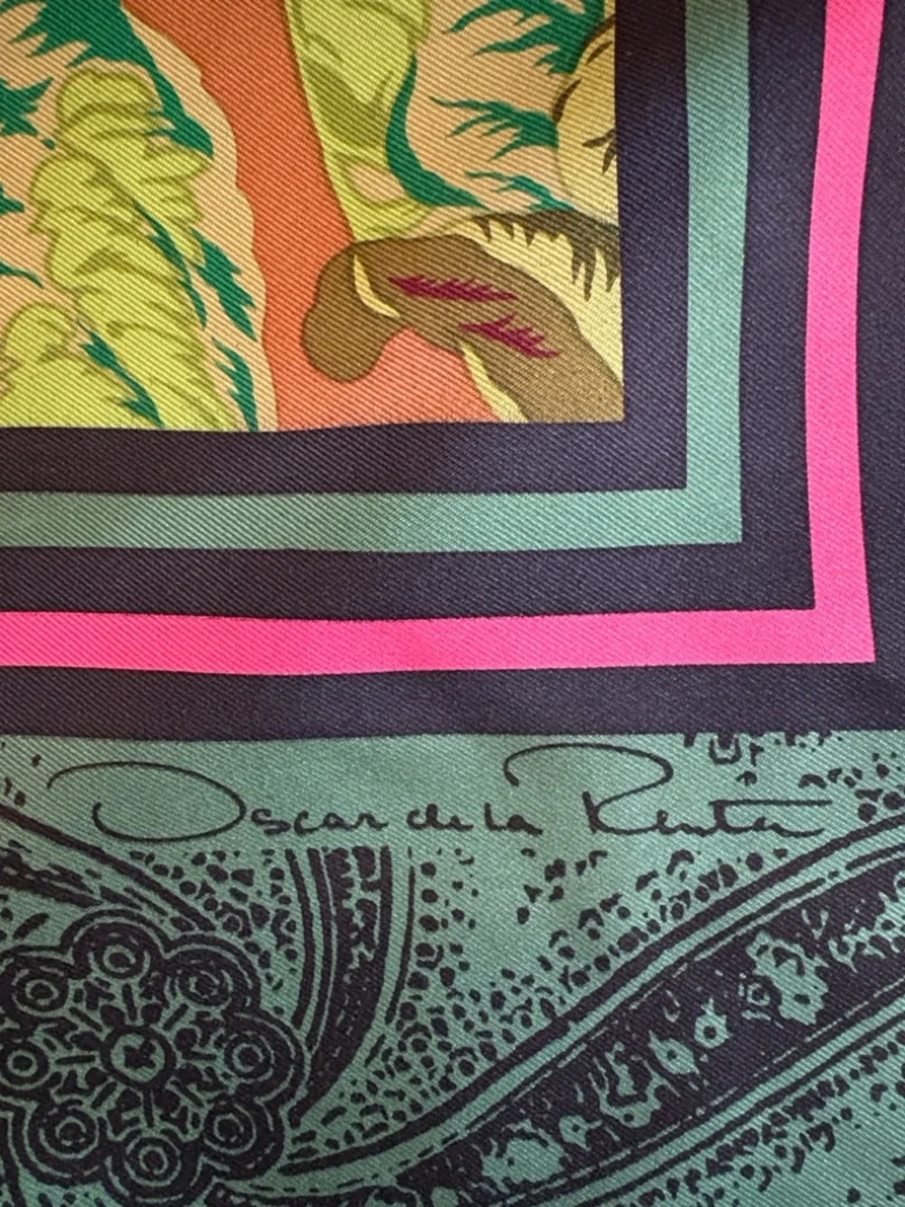 Vintage Oscar de la Renta Floral Green and Pink Silk Square Scarf